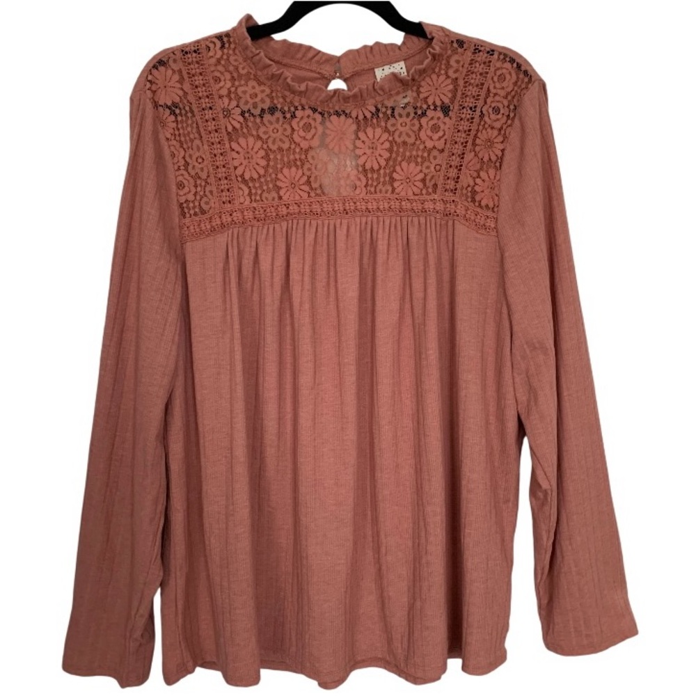 SELF ESTEEM Women’s PLUS Top‎ Terracotta Floral Crochet Lace Boho Flowy 1X